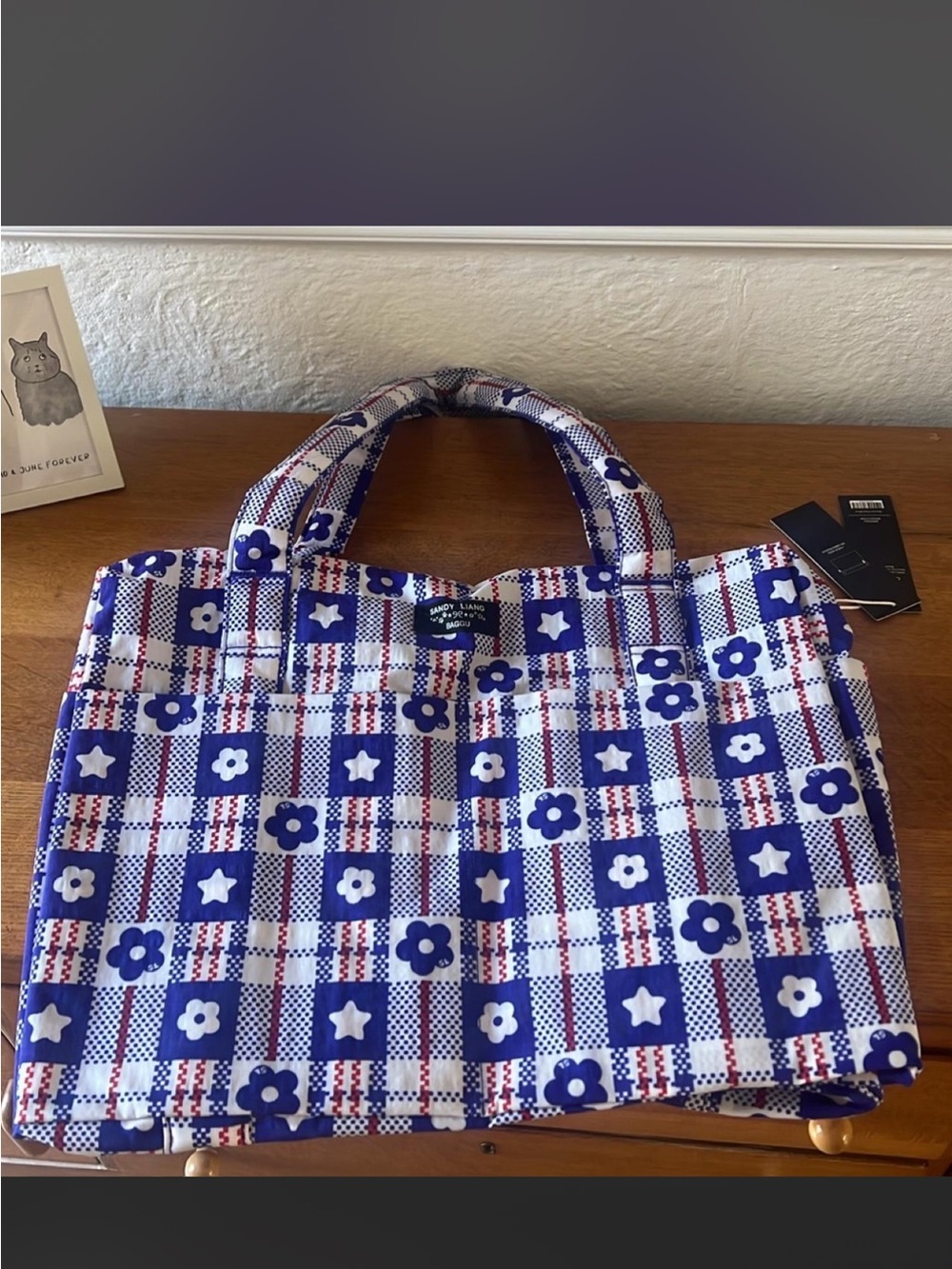 Blue and White Floral Checkered Tote